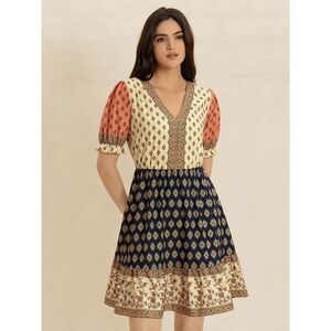 Casual Mod Print Colorblock Dotted V-Neck Short Sleeve Country Dress Sz XL